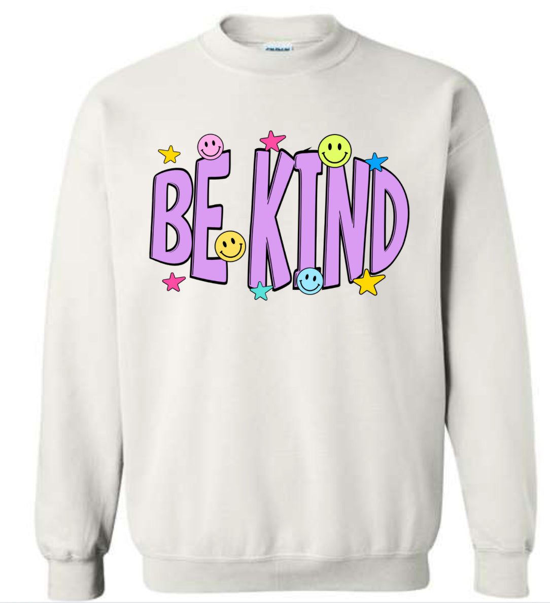 Adult Be Kind Stars and Smiley White Gildan Crewneck