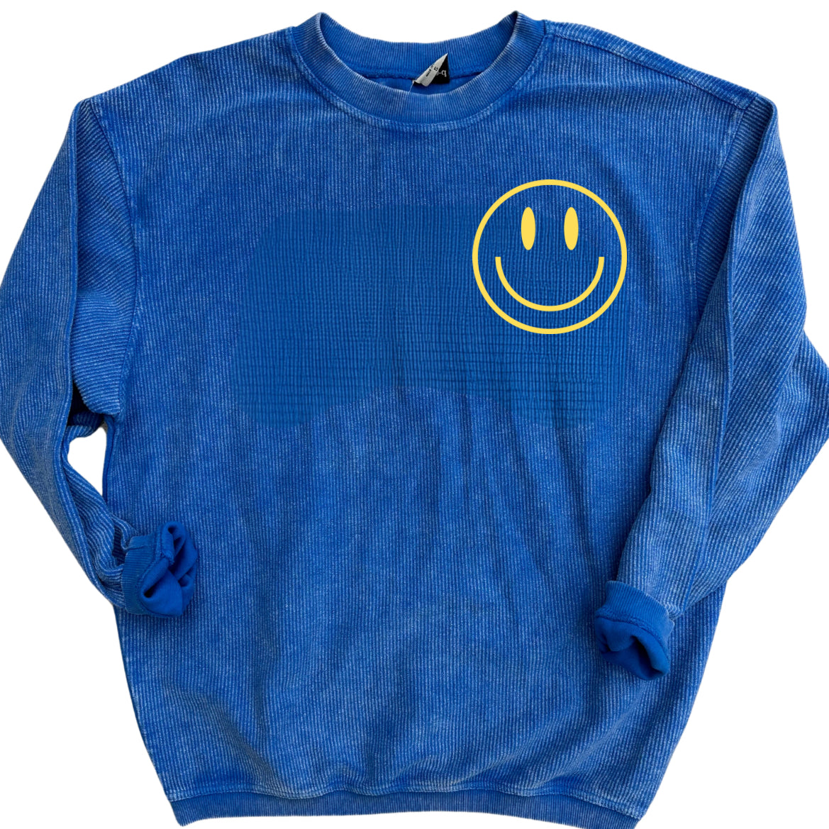 Adult Yellow Embroidered Smiley Royal Blue Corded Crew