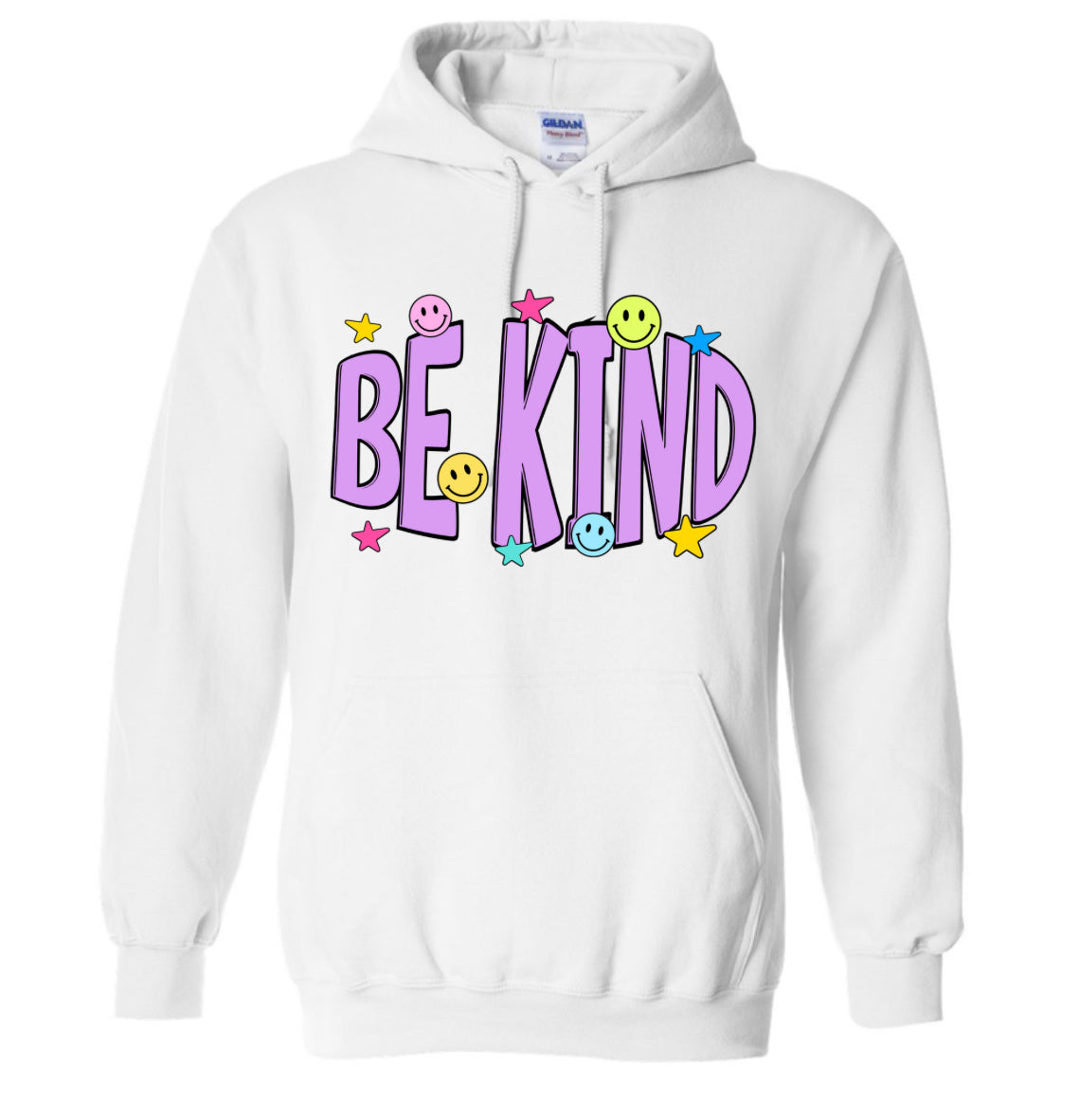 Adult Be Kind Stars and Smiley White Gildan Hoodie