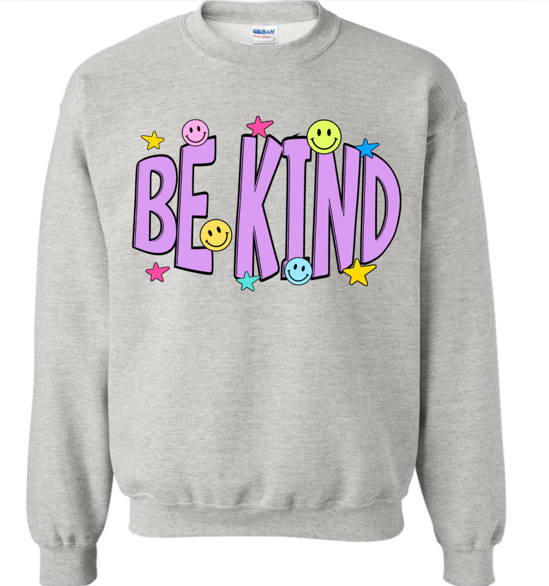 Adult Be Kind Stars and Smiley Gray Gildan Crewneck