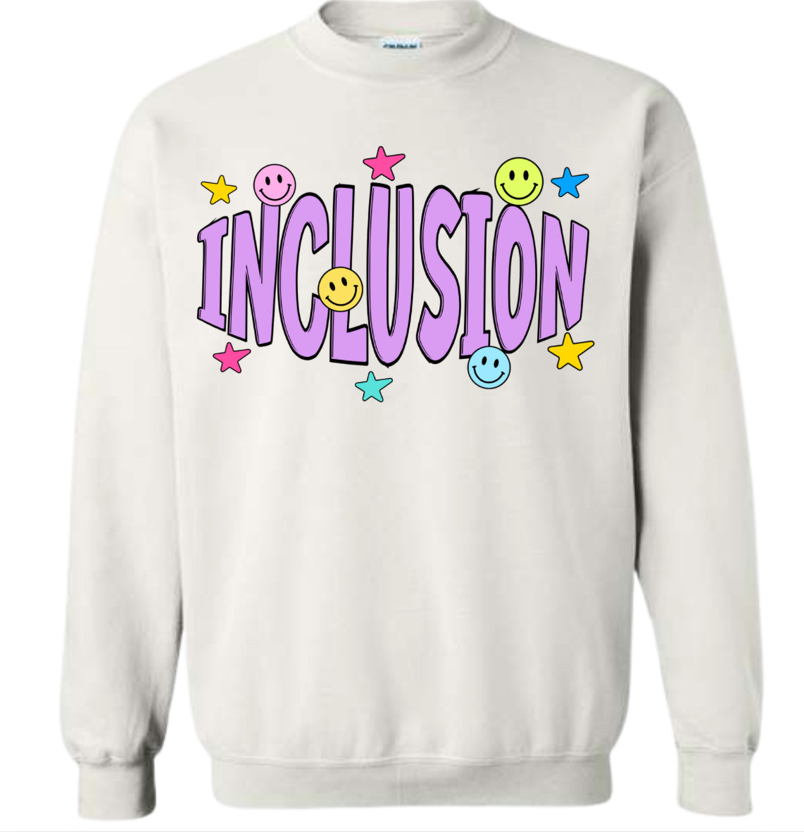 Adult Inclusion Stars and Smiley White Gildan Crewneck