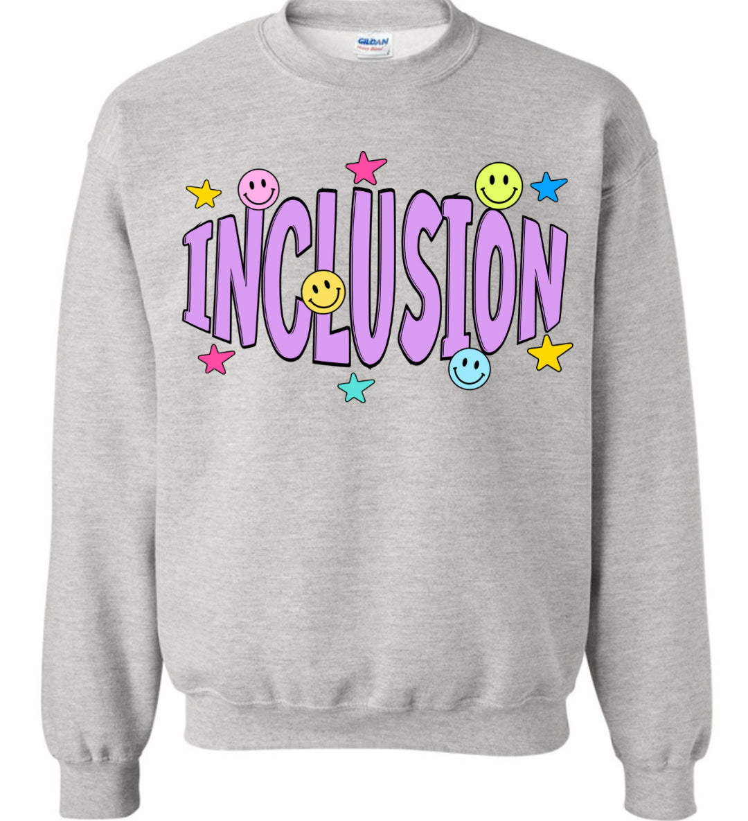 Adult Inclusion Stars and Smiley Gray Gildan Crewneck