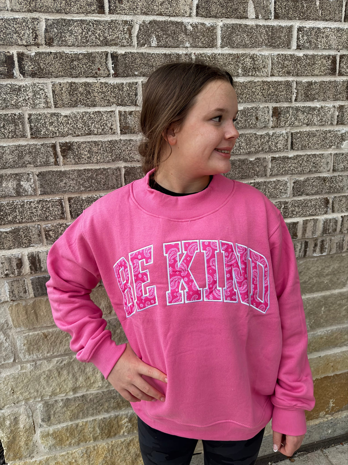 Adult Be Kind Pink Paisley Mockneck
