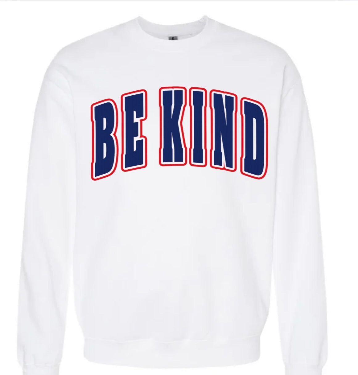 Adult Red and Blue Puff Be Kind White Gildan Crewneck