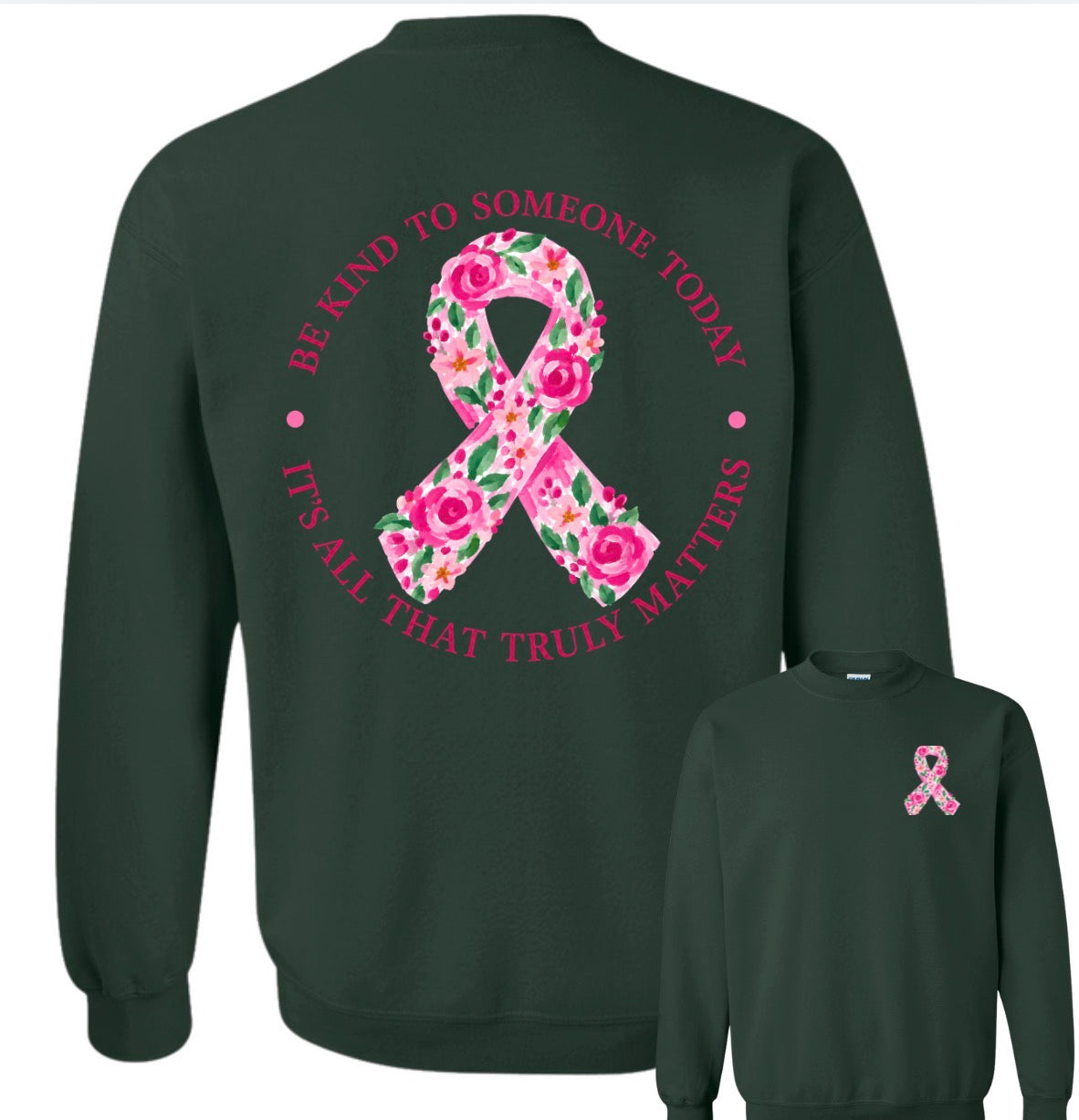 Adult Floral Awareness Ribbon Forest Green Gildan Crewneck