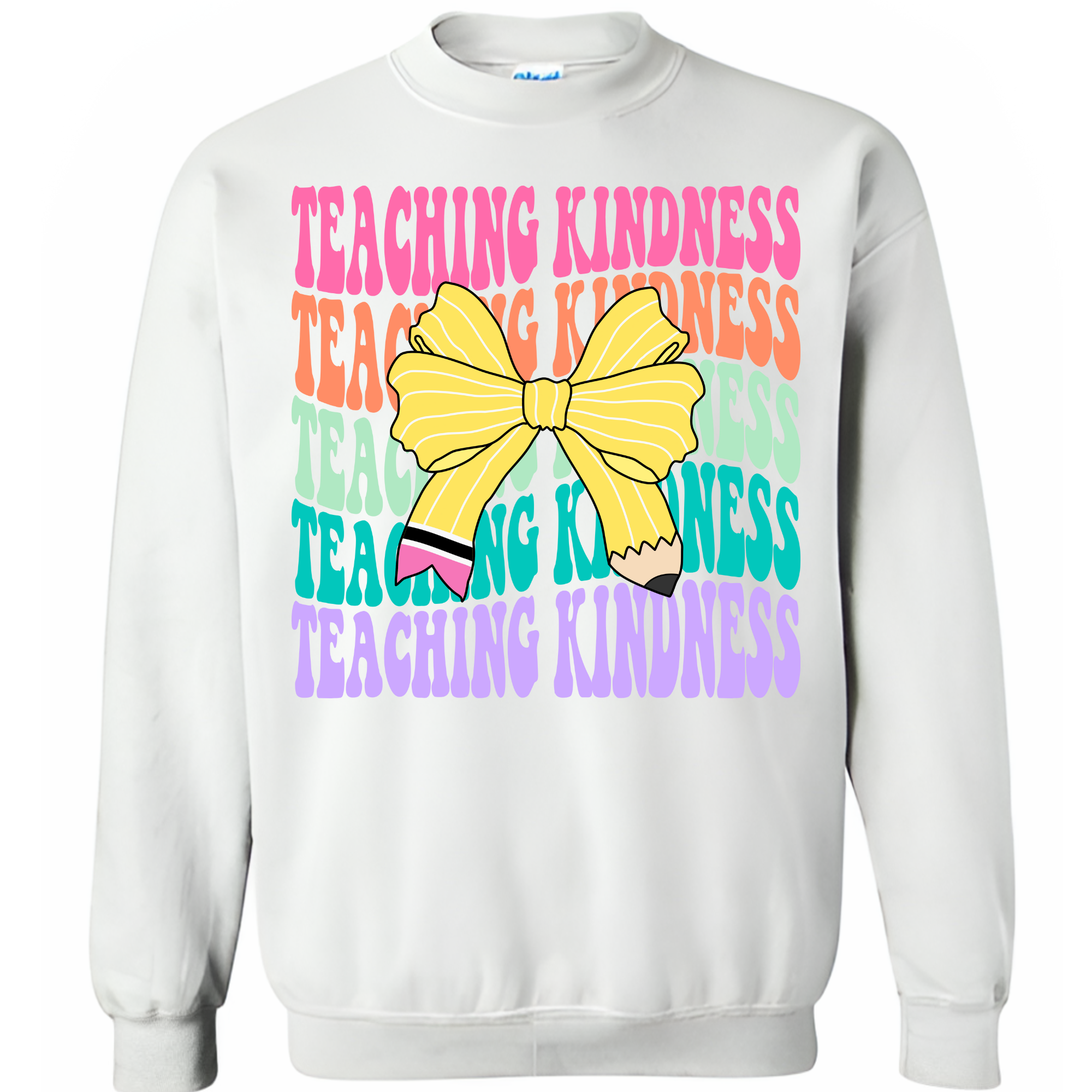 Adult Teaching Kindness Pencil Bow Gildan White Crewneck