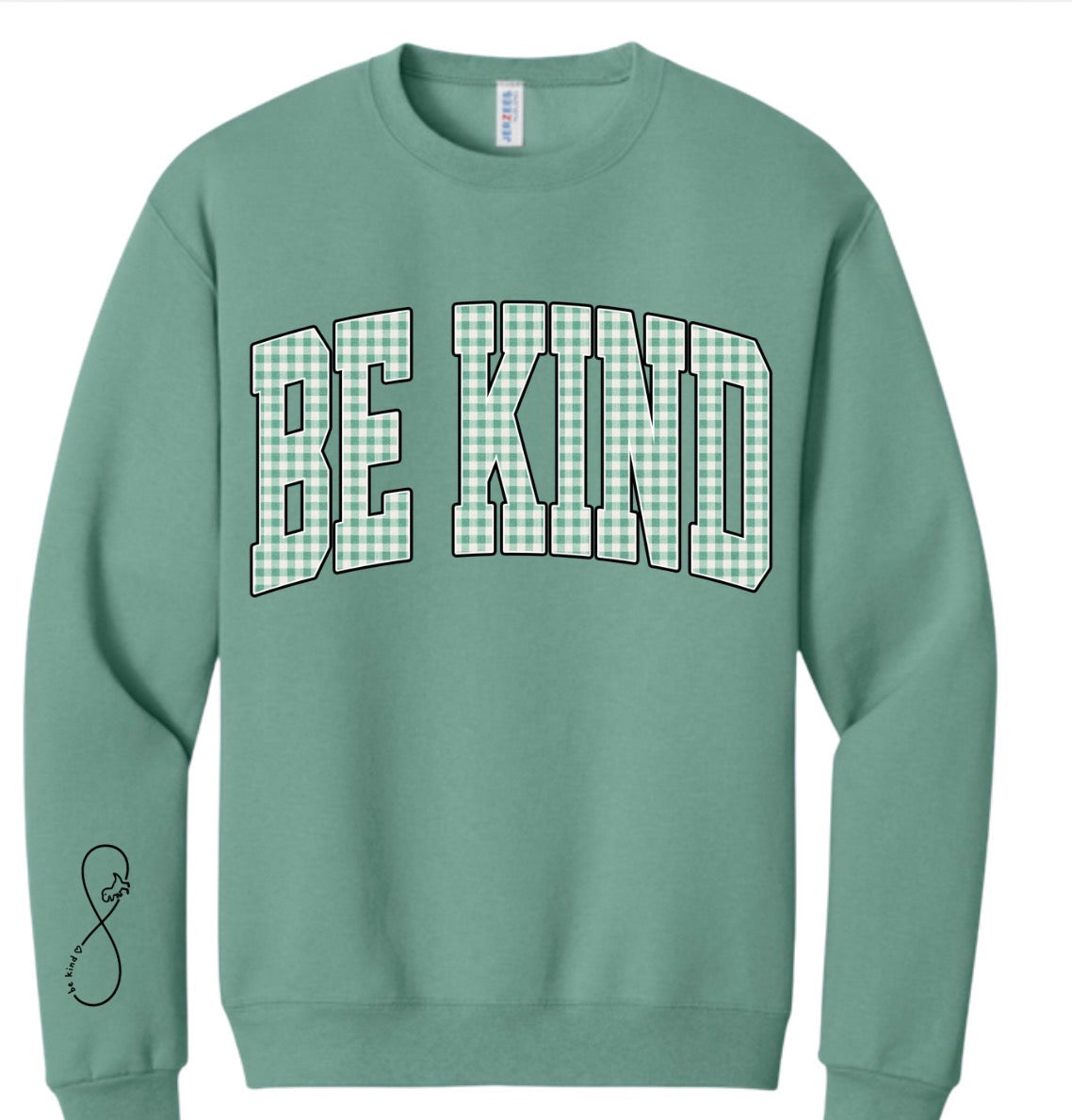 Adult Be Kind Green Gingham Crewneck