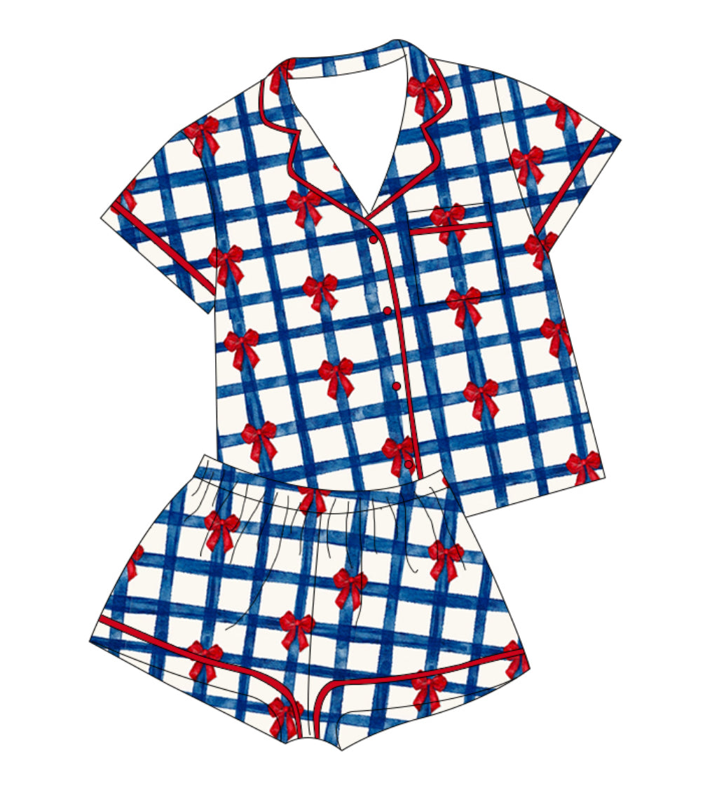 Adult Red and Blue Bows Short Set