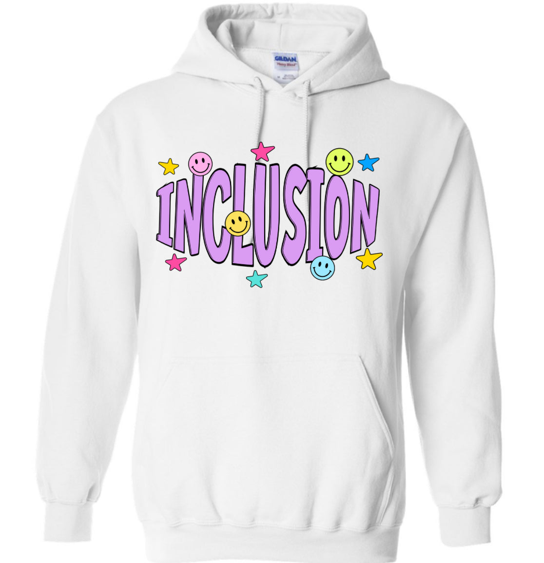 Adult Inclusion Stars and Smiley White Gildan Hoodie