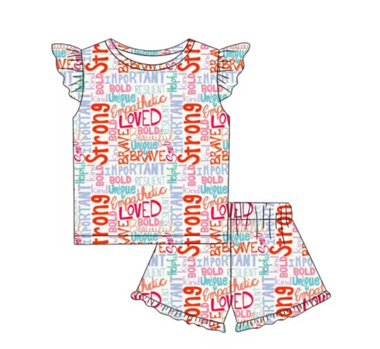 Kids Words of Affirmation Ruffle Shorts PJS (Ships Beg April)