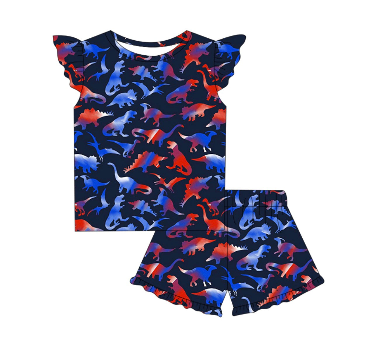 PRE-ORDER (Ships end June) Kids  Navy Patriotic Dino Ruffle Two Piece Set
