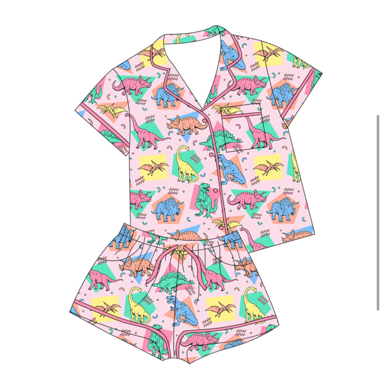 Pockets of Hope Pink Dino Button Down Short Set (Ships Mid NOV)