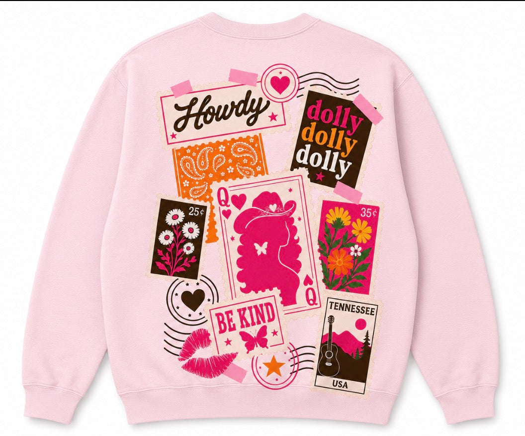 Adult Dolly Stamps Pink Crewneck