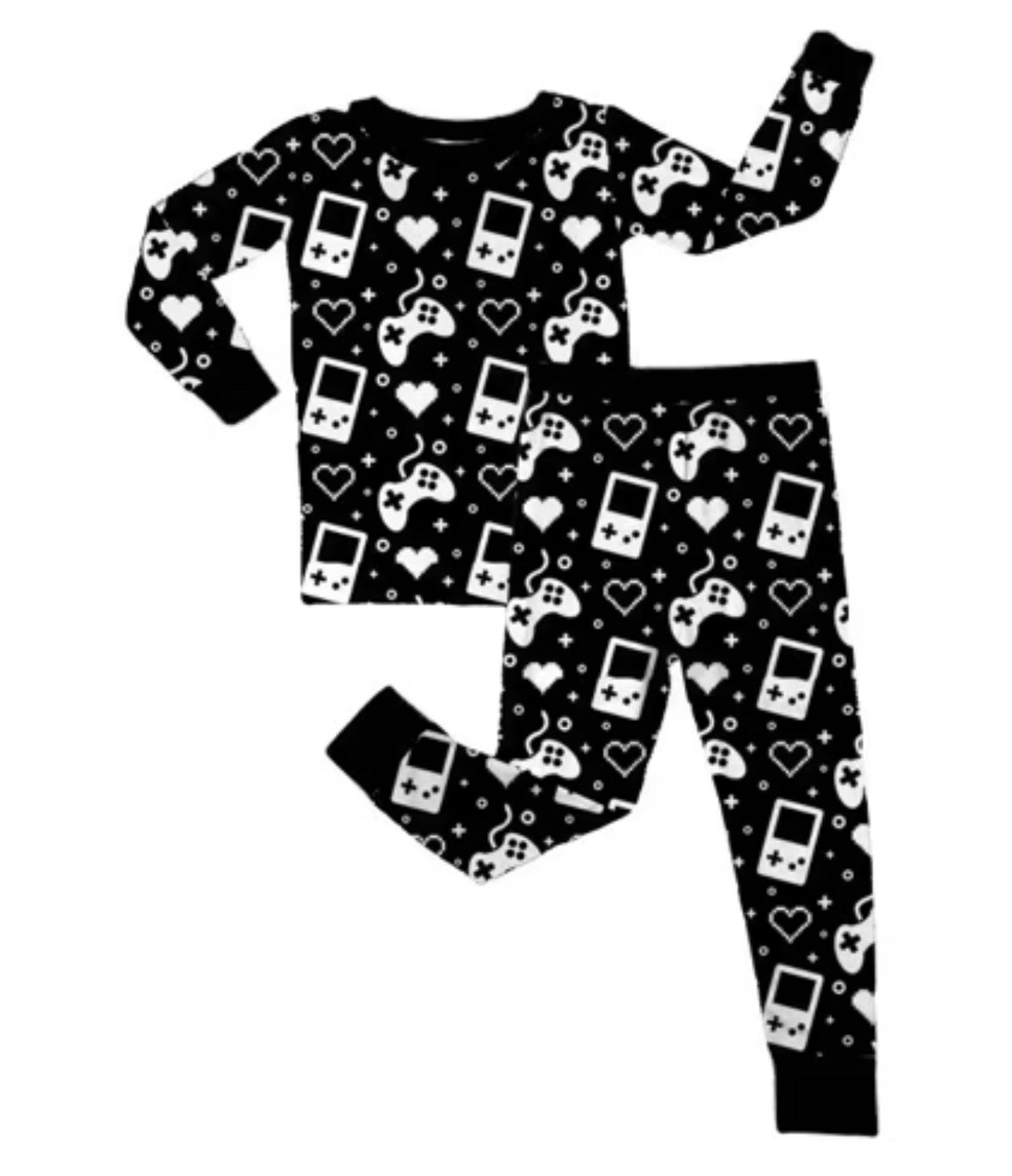 Kids Black and White Gamer Two Piece Long PJS