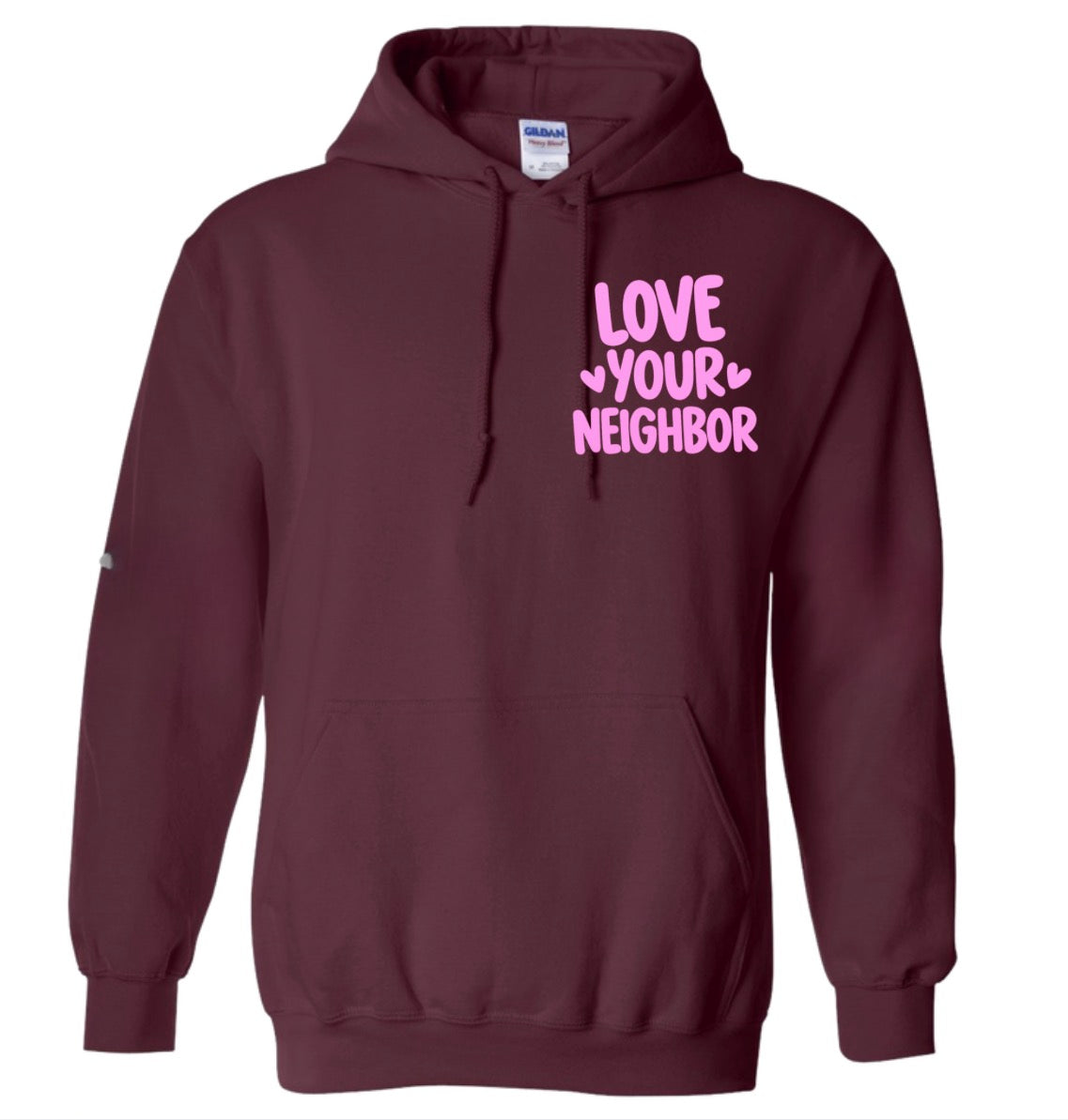 Adult Love Your Neighbor Pocket Maroon Hoodie