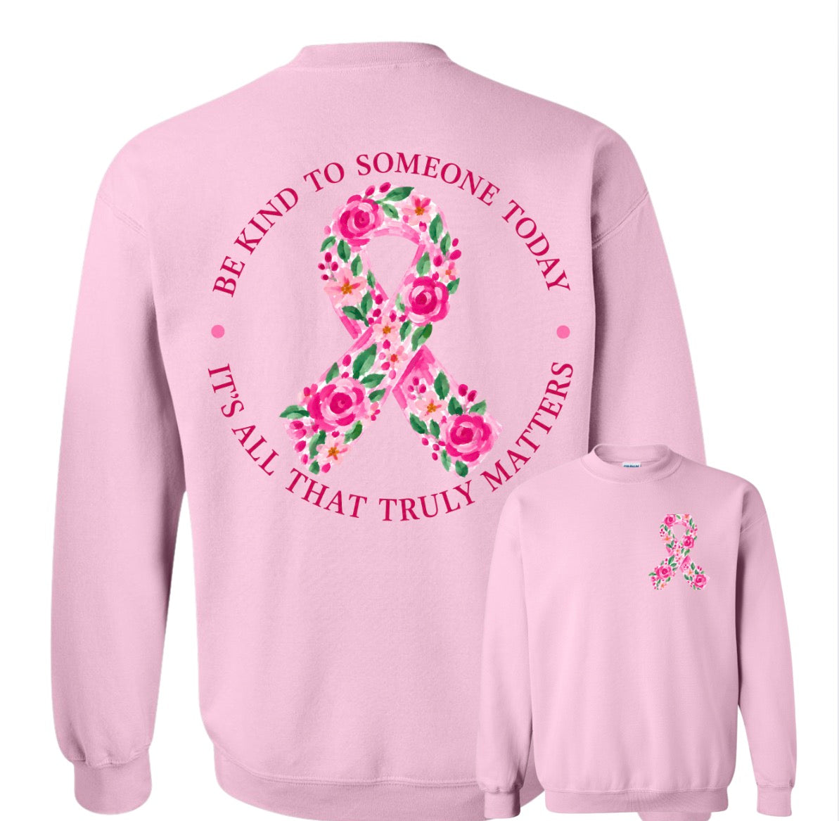 Adult Floral Awareness Ribbon Light Pink Gildan Crewneck