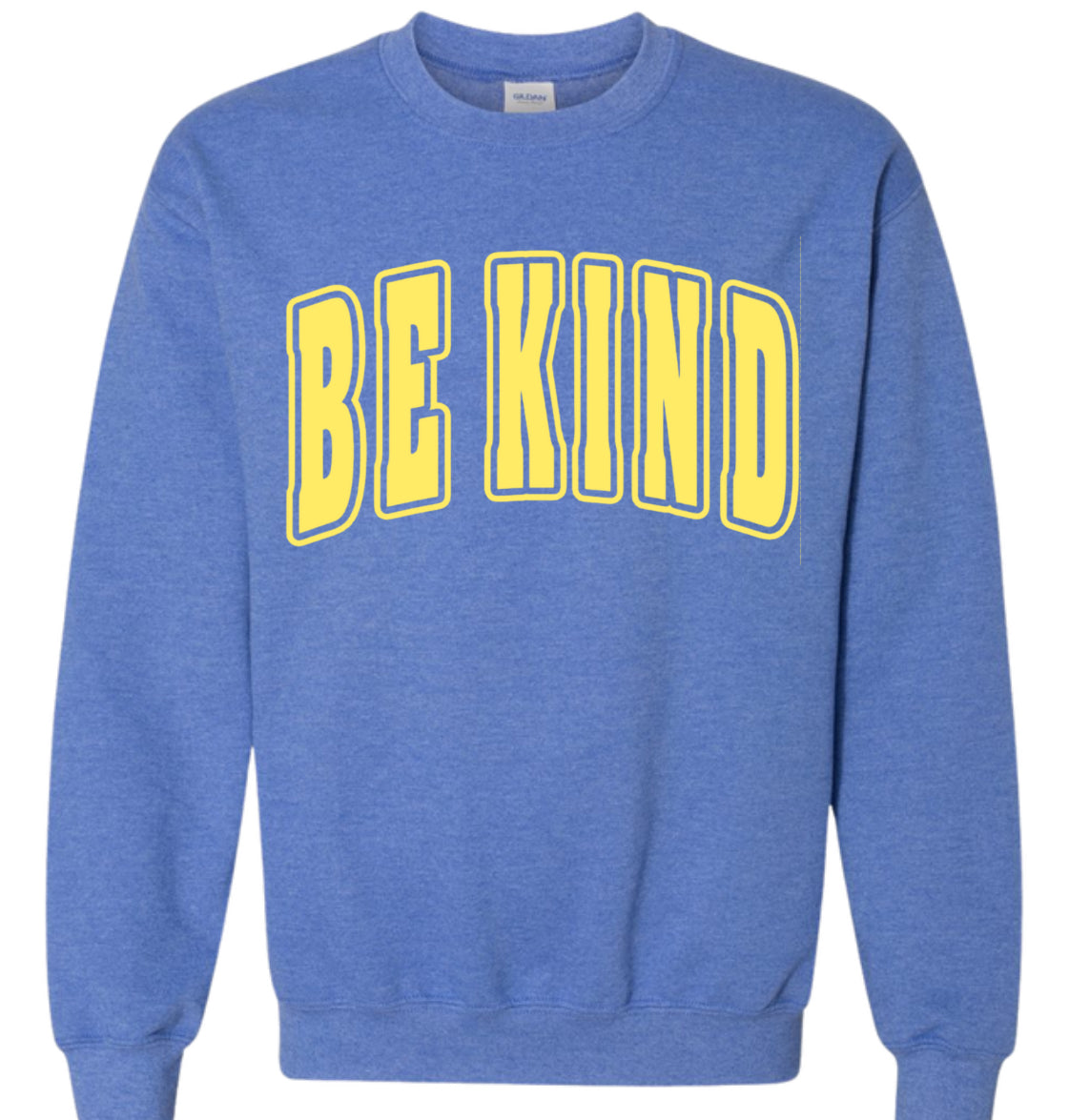 Adult Yellow Puff Be Kind Heathered Royal Gildan Crewneck