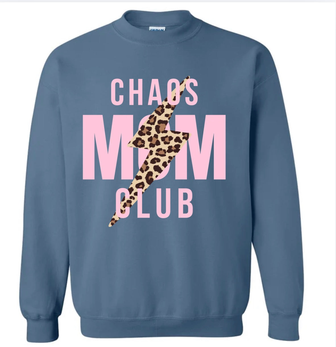 Adult Chaos Mom Bolt Denim Gildan Crewneck