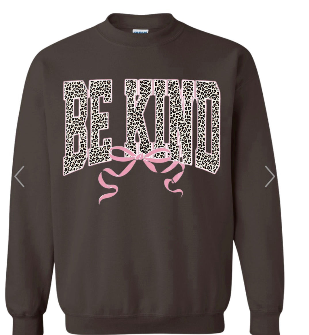 Adult Be Kind Leopard Pink Bow Crewneck