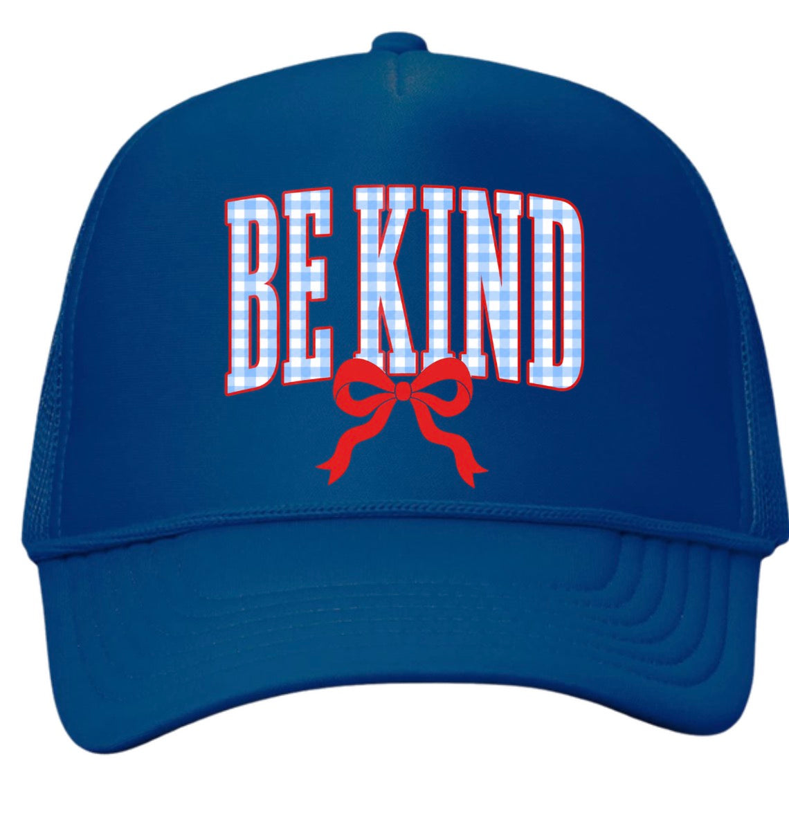 Be Kind Gingham Blue Trucker Hat