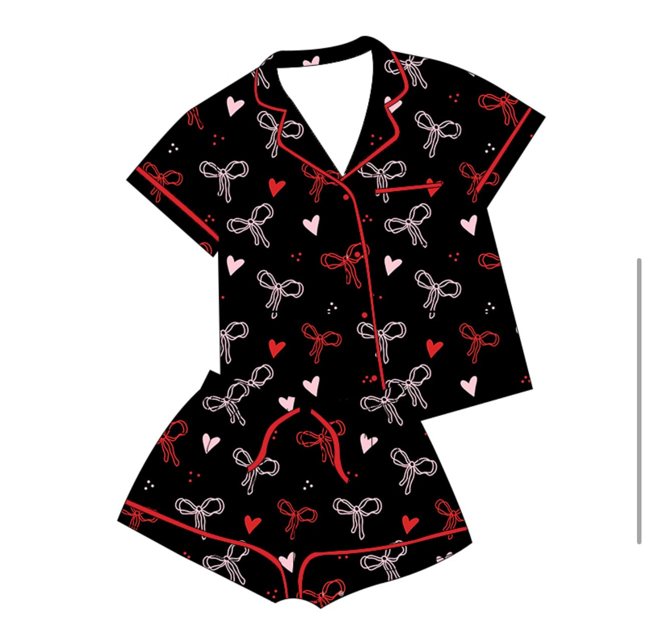 Adult Black and Red Bows Button Down Short Set