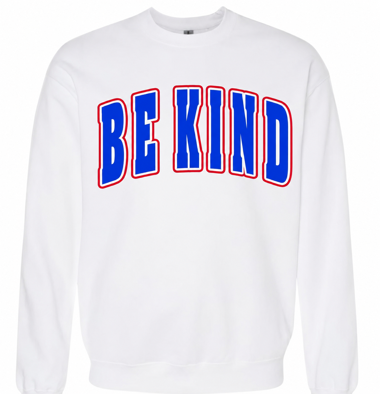 Adult Red and Royal Blue Puff Be Kind White Gildan Crewneck
